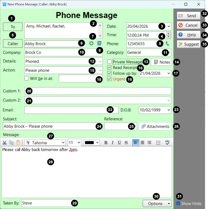 Phone Message - Numbers
